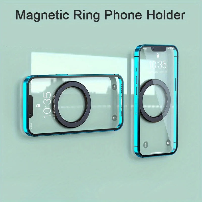 Blue magnetic ring phone holders attached to a wall, featuring a sleek, modern metallic design.