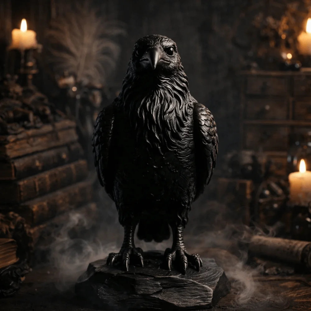Matte black raven statue perched on a rocky base, featuring intricate feather detailing in a gothic, moody setting.
