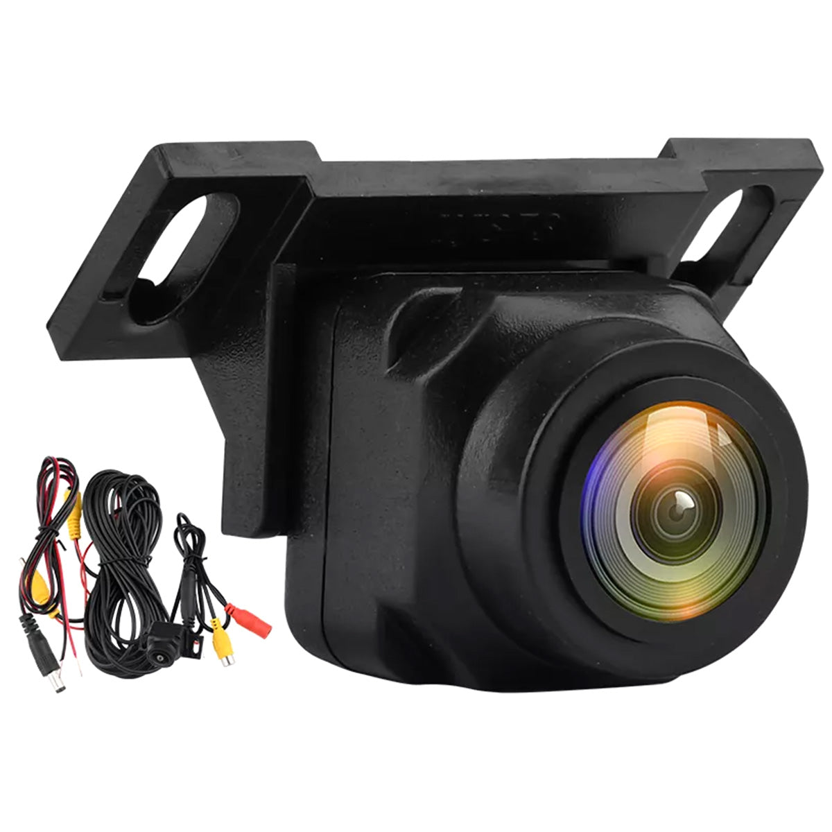 Black HD vehicle reversing camera with wide-angle lens and mounting bracket, shown with included wiring cables.