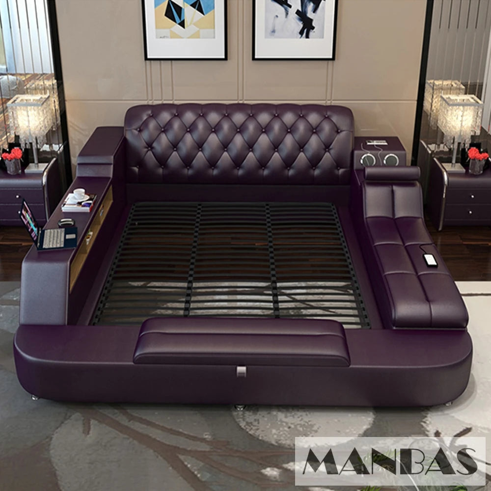 Luxury purple tufted upholstered platform bed with integrated speakers, storage shelving, and charging ports.