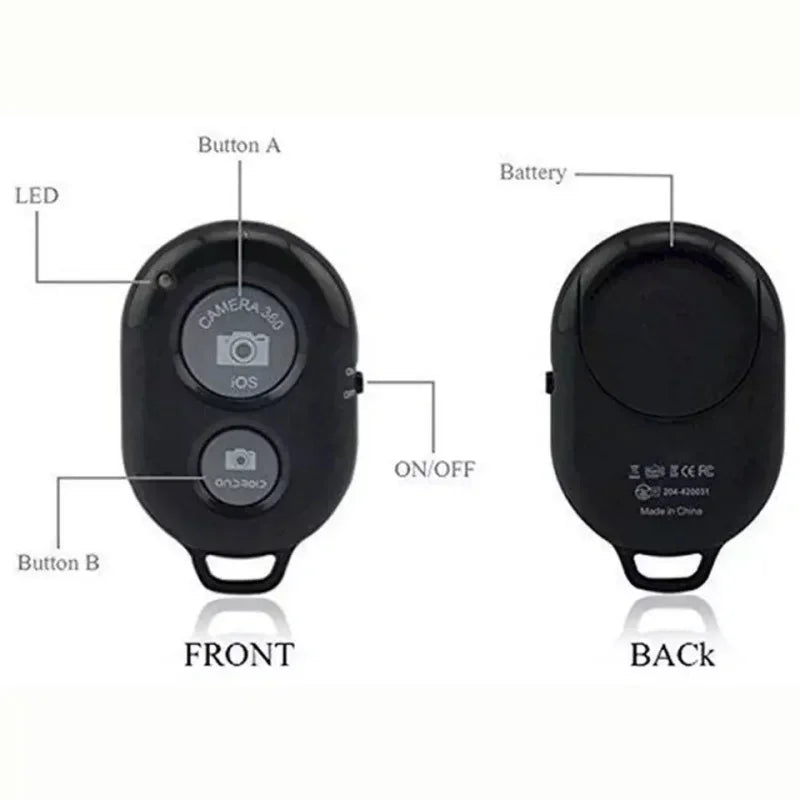 Black plastic Bluetooth camera remote for iOS and Android, featuring a battery compartment, LED, and power switch.