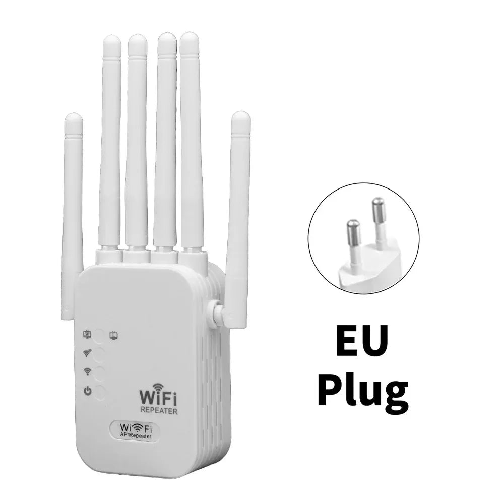 White 1200Mbps WiFi range extender with four adjustable antennas, status lights, and an EU power plug.