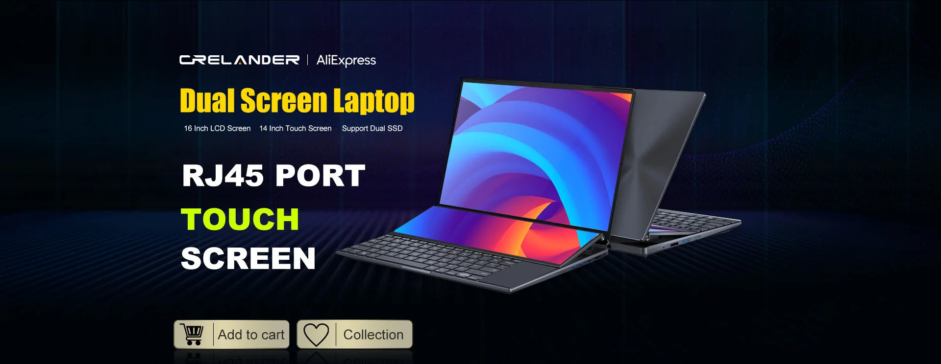 Sleek grey dual-screen gaming laptop with a main display and secondary touch screen, set against a dark background.