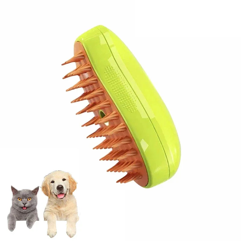 Lime green and orange 3-in-1 electric grooming brush for pets, shown with a cat and dog.