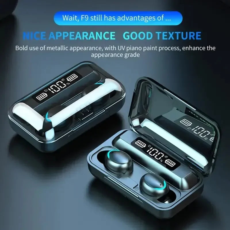 Black wireless earbuds in a metallic charging case with a digital battery display.