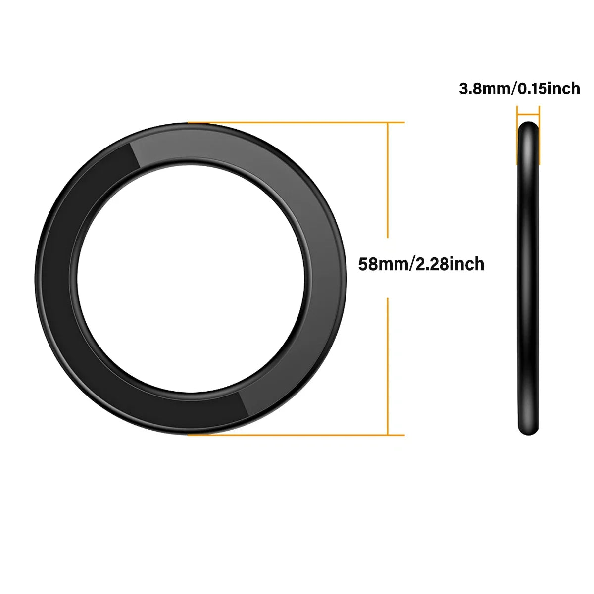 Black circular metal ring with 58mm diameter and 3.8mm thickness, shown from front and side profiles.
