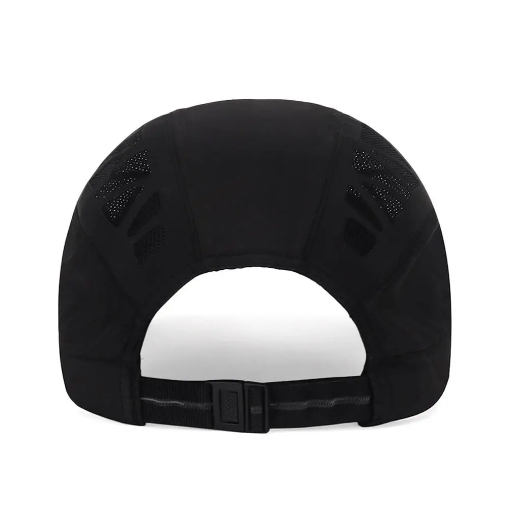 Back view of a black lightweight flat cap featuring side mesh panels and an adjustable buckle strap.