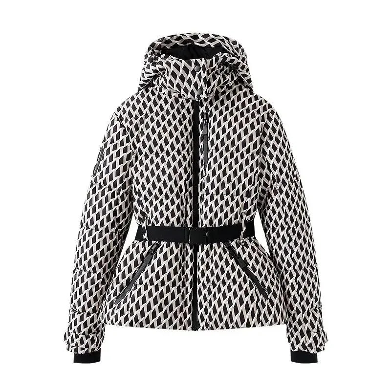 Women's quilted puffer ski jacket in black and white diamond pattern with a hooded collar and buckled waist belt.