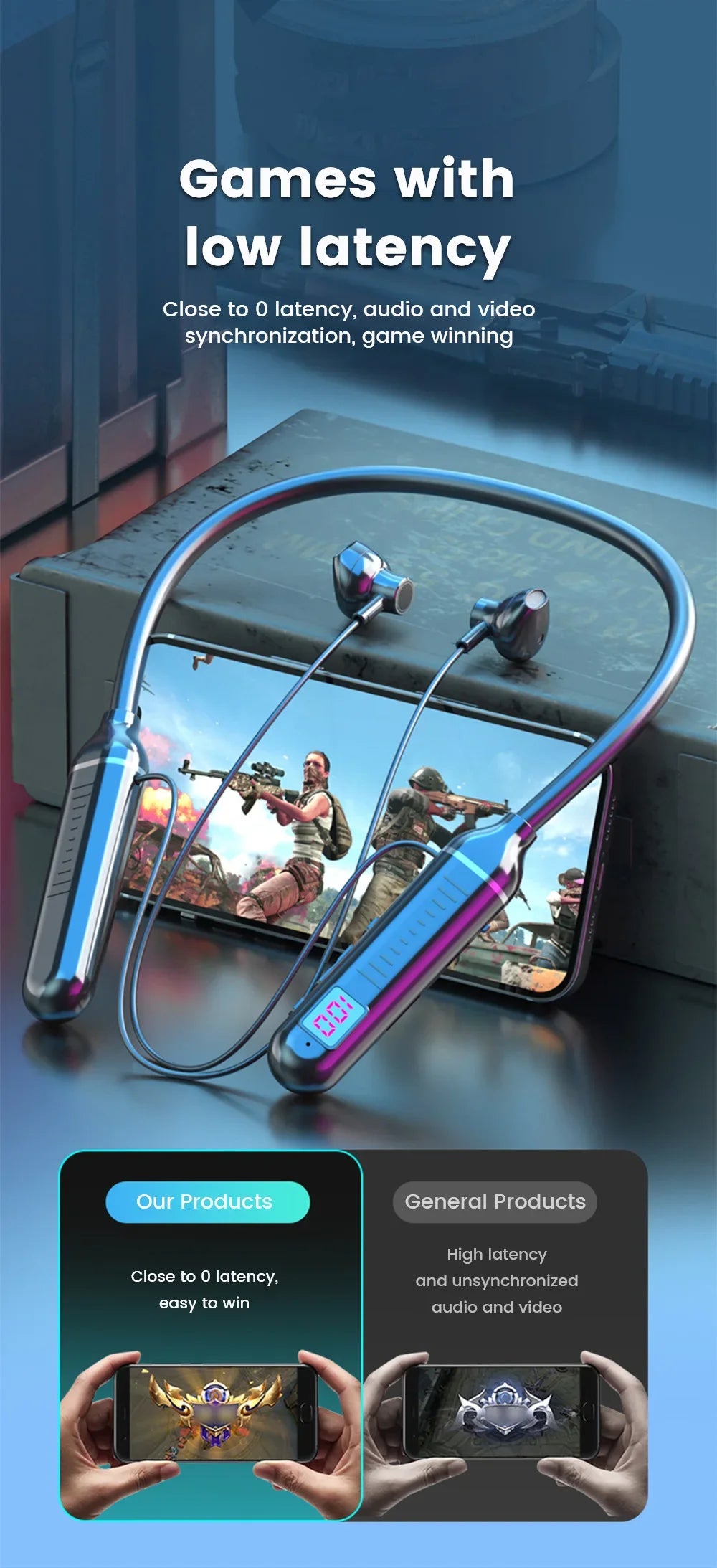 Sleek black wireless neckband earphones featuring a glowing LED battery display, ideal for low-latency mobile gaming.