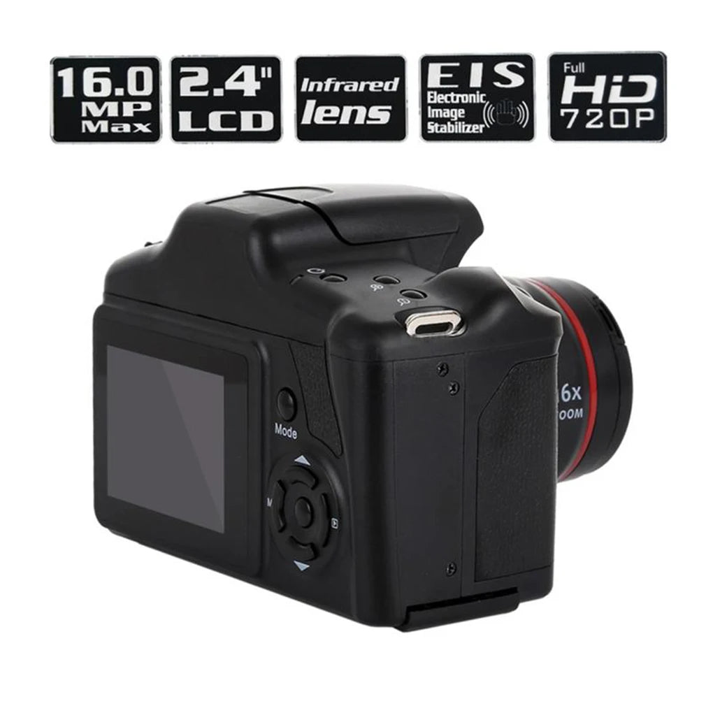 Black plastic digital camera with 2.4-inch LCD, 16MP, 720p HD, infrared lens, and image stabilizer.
