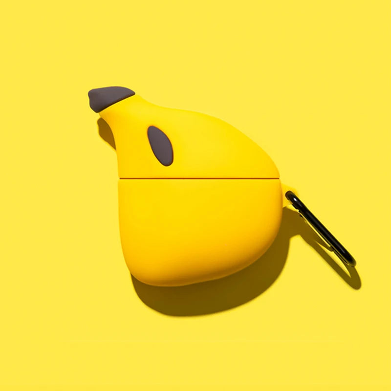 Yellow banana-shaped silicone case for AirPods with a black carabiner clip.