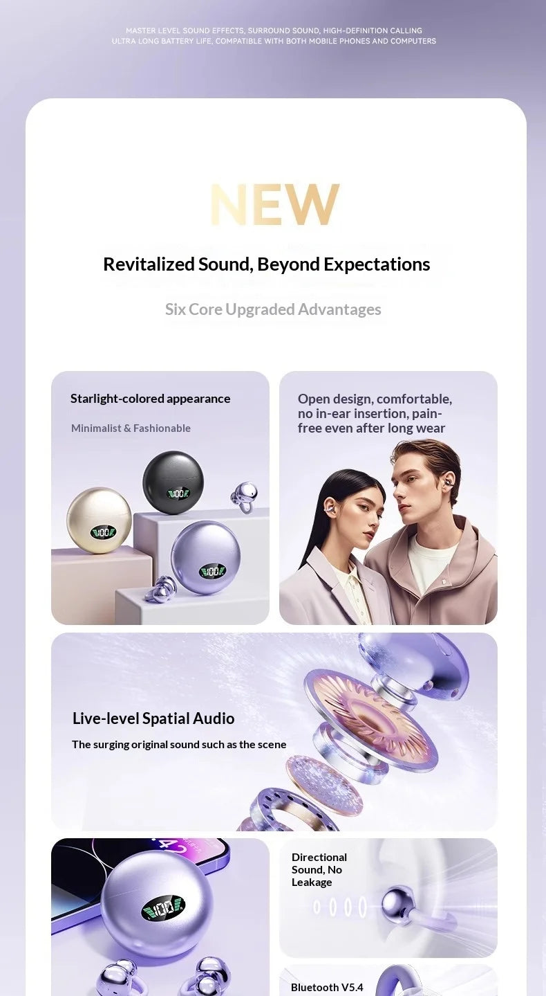 Round, starlight-colored wireless open-ear earbuds with digital battery display cases and sleek, minimalist design.