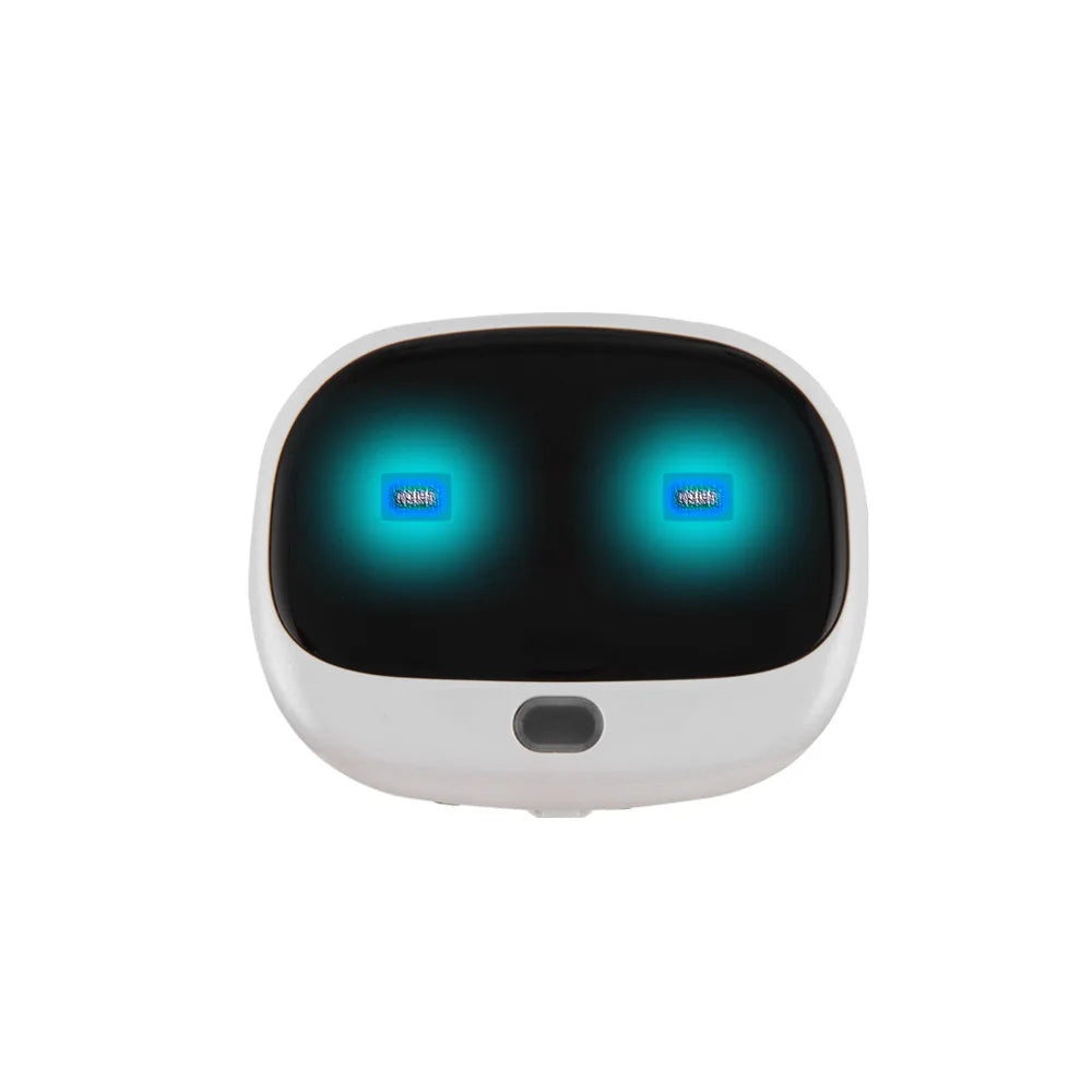 White mini GPS pet tracker with rounded rectangular shape, black screen, and two glowing blue indicator lights.