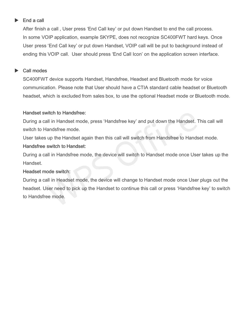 Informational document detailing end-call procedures and call mode switching for a telephone handset device.