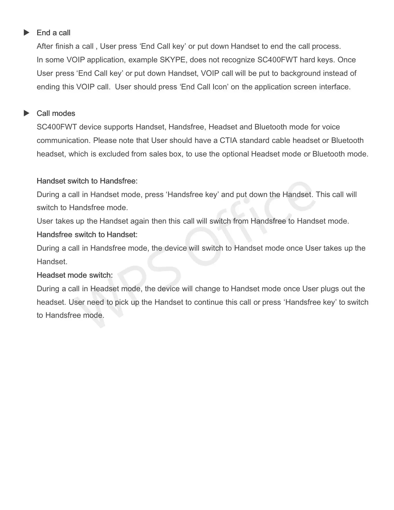 Informational document detailing end-call procedures and call mode switching for a telephone handset device.