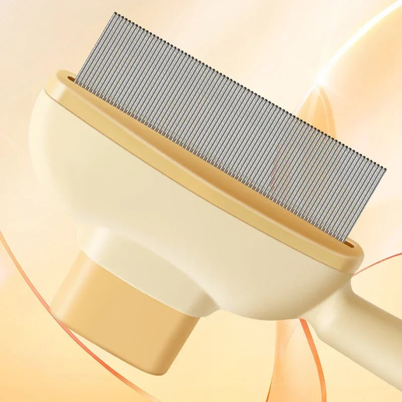 Cream-coloured pet grooming comb with fine, parallel stainless steel metal teeth for detangling and removing shedding.