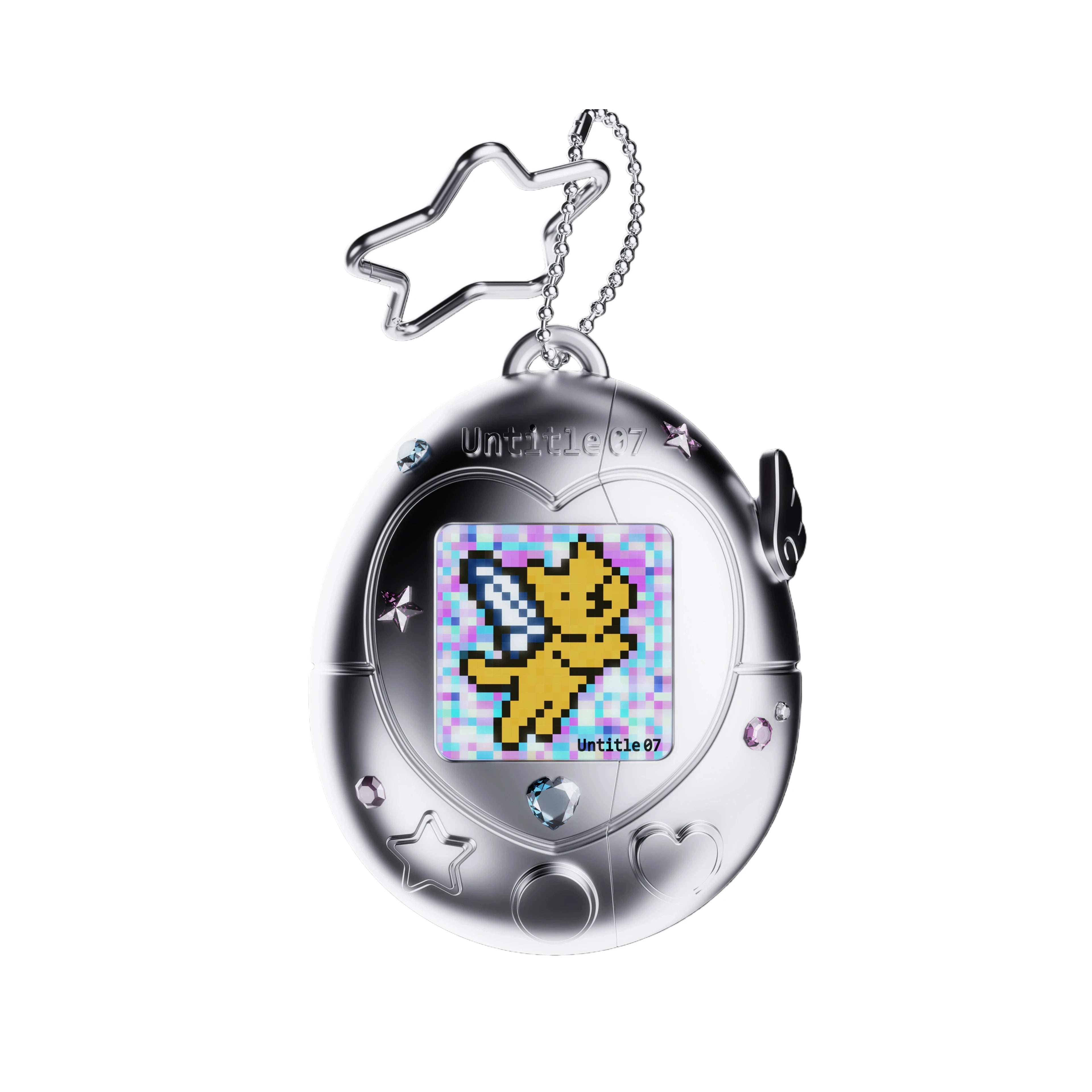 Metallic silver Tamagotchi-style AirPods case with star charm, crystal accents, and pixelated fairy motif.