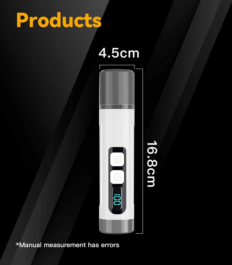 White and grey electric pet nail grinder with a digital battery display, measuring 16.8cm by 4.5cm.
