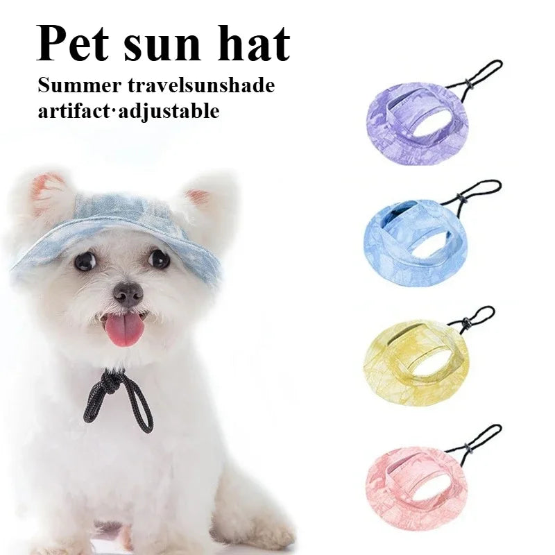 A white dog wearing a light blue adjustable sun hat, shown alongside purple, blue, yellow, and pink colour options.