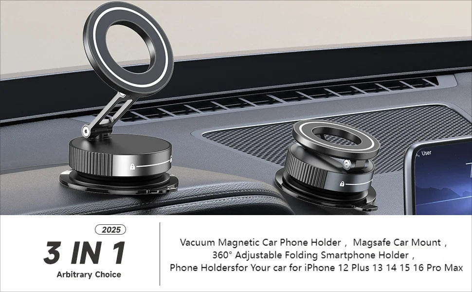 Black, circular magnetic car phone mount with a foldable, 360-degree adjustable design, shown on a car dashboard.