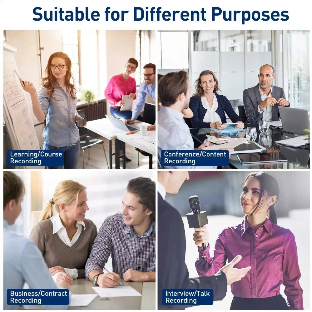 Four panels show professional people using a black, handheld, foam-topped microphone for various recording activities.