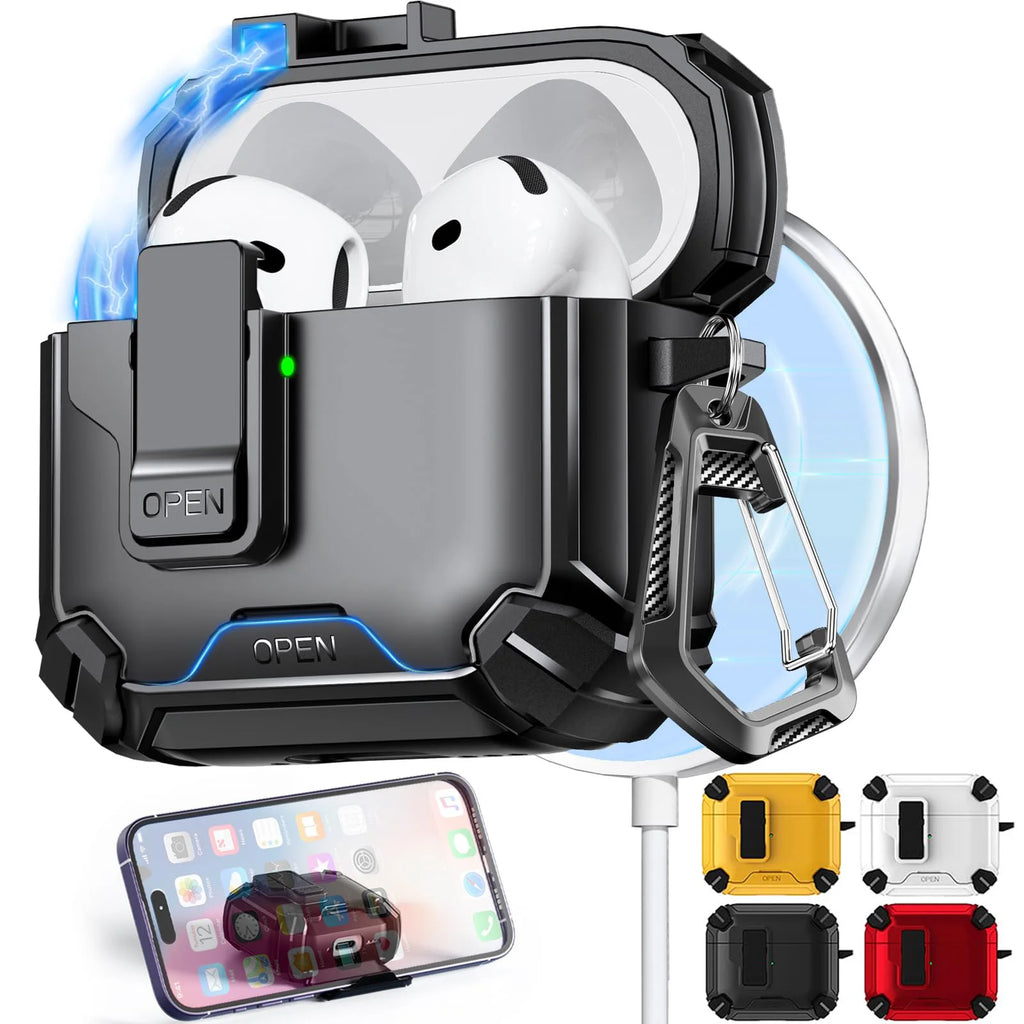 Rugged black protective case for AirPods with carabiner. Durable design with charging cable and colour options.