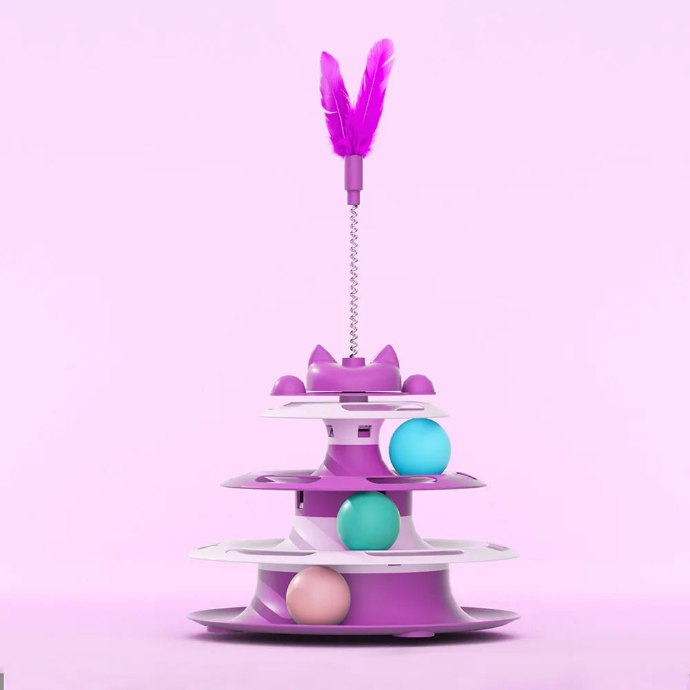 Purple three-tier interactive cat turntable with a springy feather teaser wand and colourful rolling balls.