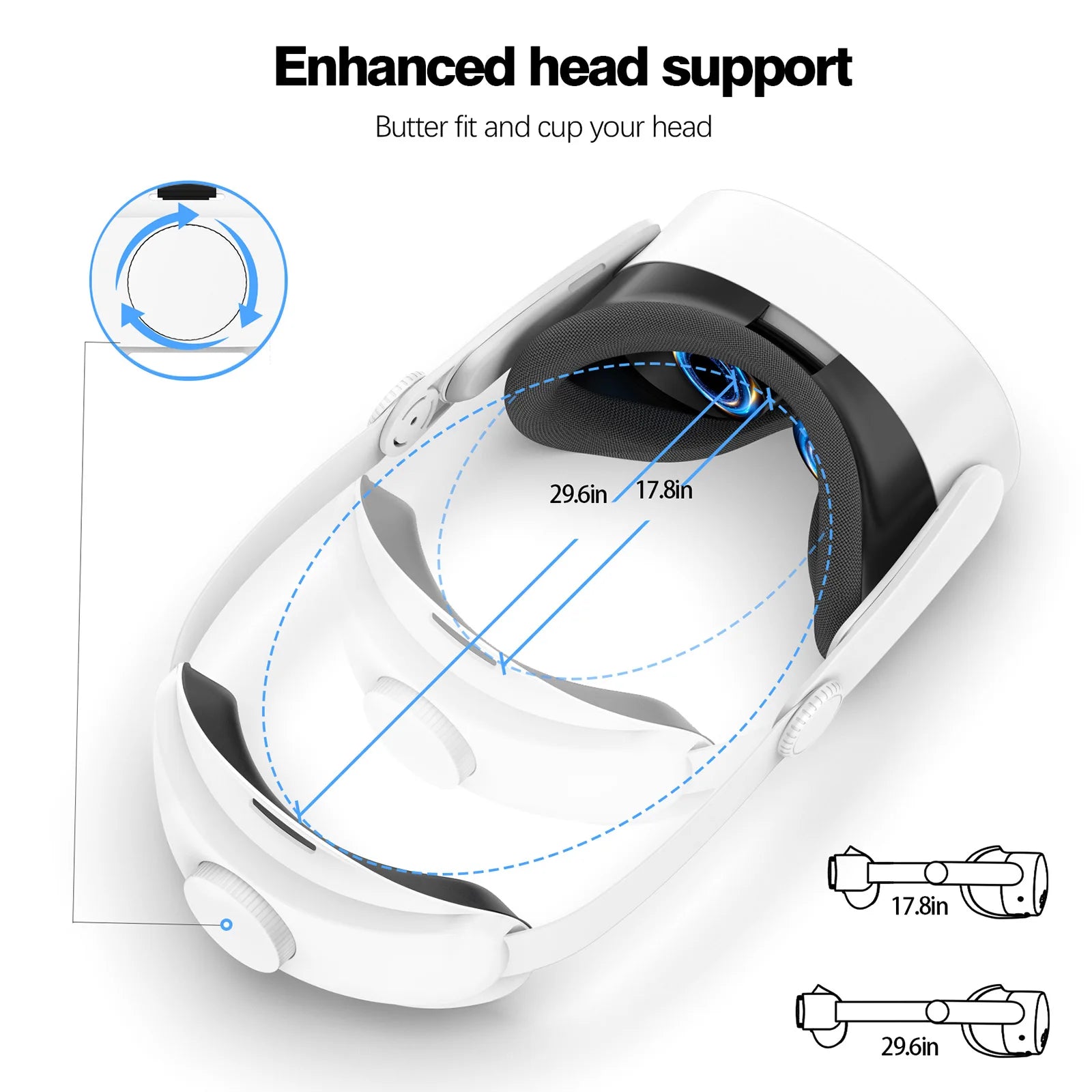 White adjustable VR headset strap with a padded back cushion and a rear dial for a custom, ergonomic fit.