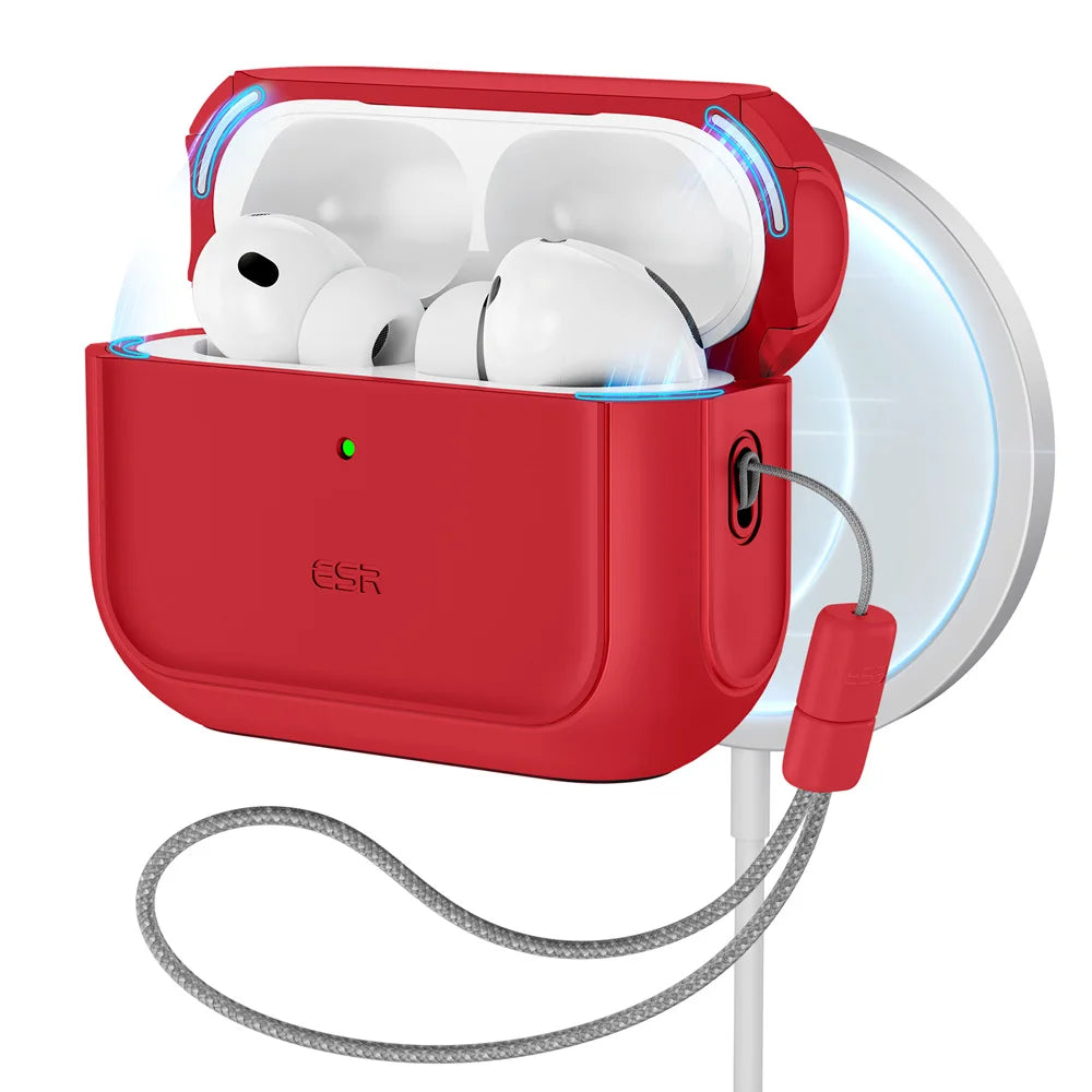 Red silicone case for AirPods Pro, featuring a secure wrist lanyard and wireless charging compatibility.