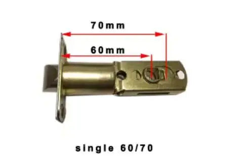 Gold-colored metal door latch with an adjustable 60mm and 70mm backset, shown with dimensional measurements.