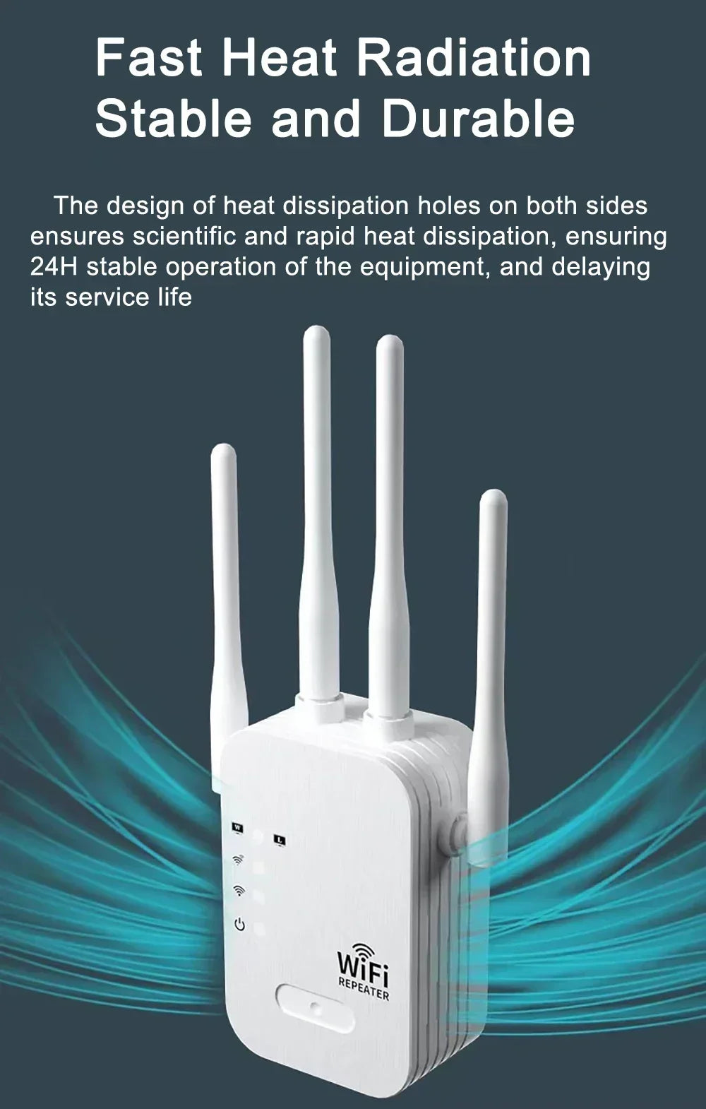 White dual-band WiFi repeater with four antennas and side vents for heat dissipation against a blue background.