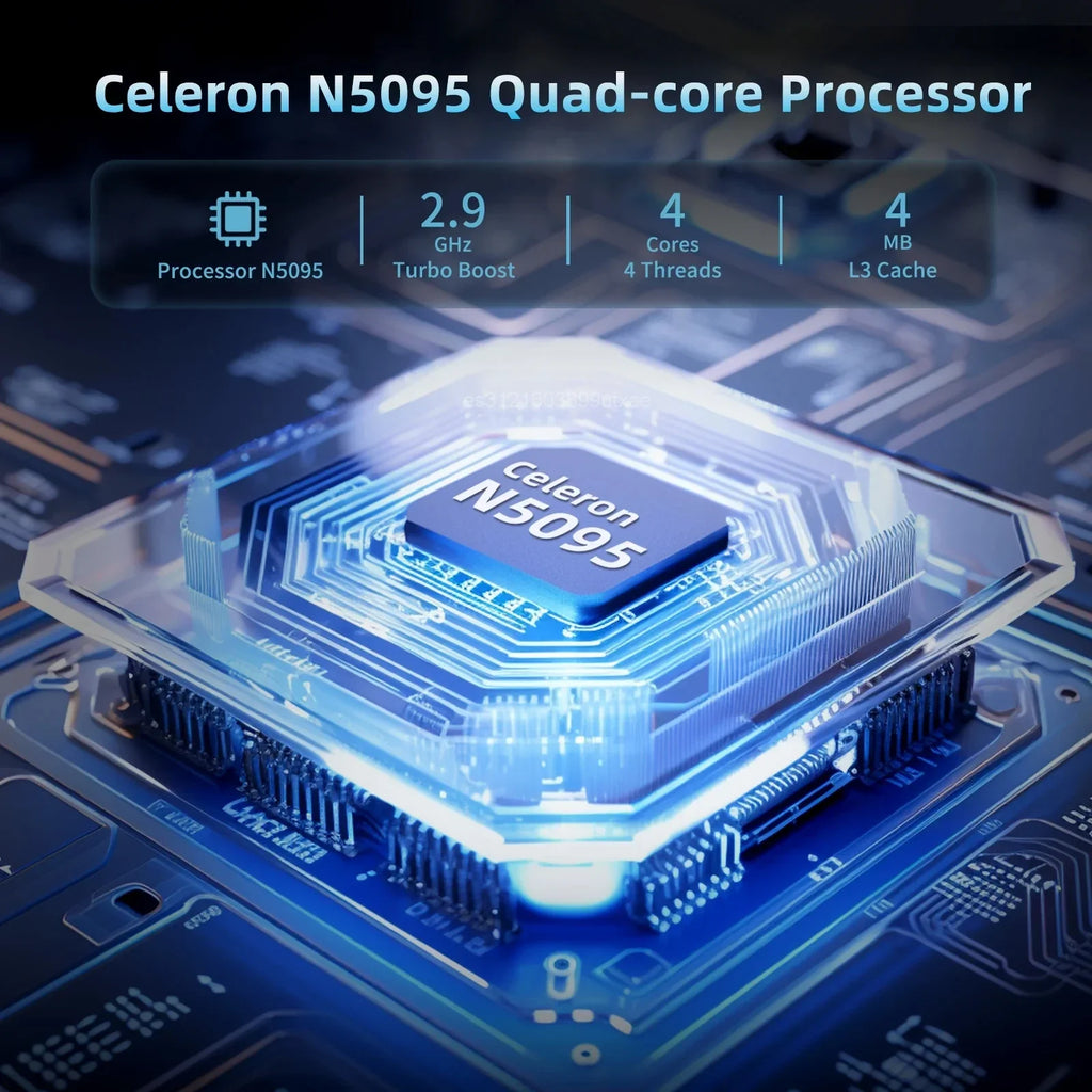 Digital illustration of a high-performance quad-core processor chip featuring glowing blue technical circuitry details.