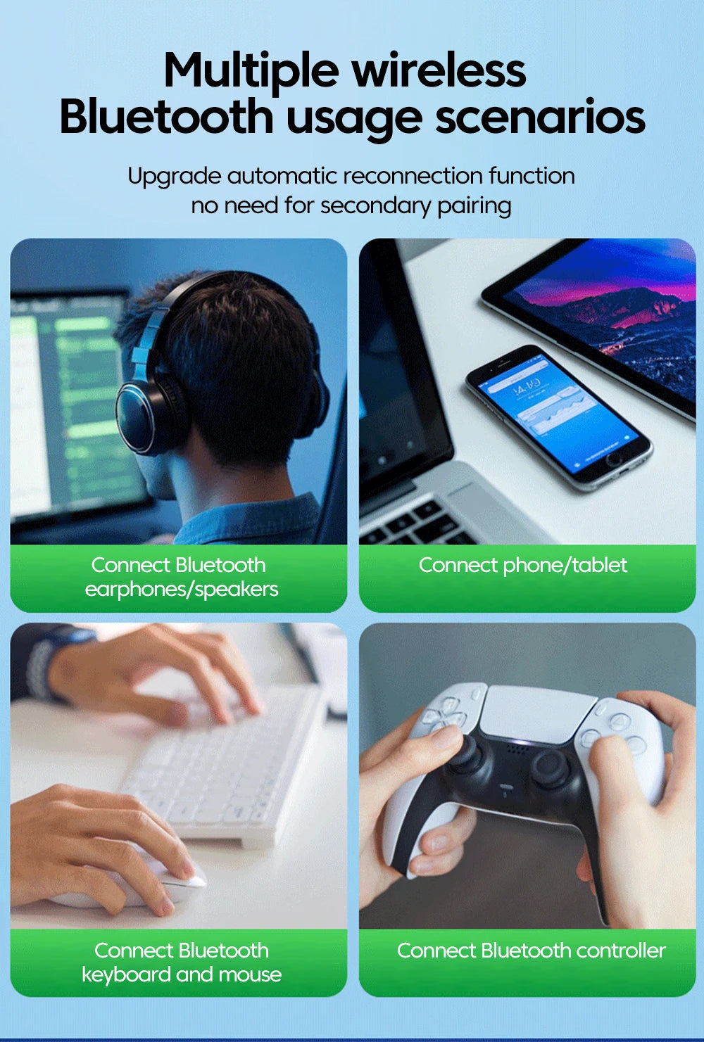 WiFi 6 and Bluetooth 5.4 USB adapter showing connectivity for headphones, mobile devices, peripherals, and controllers.