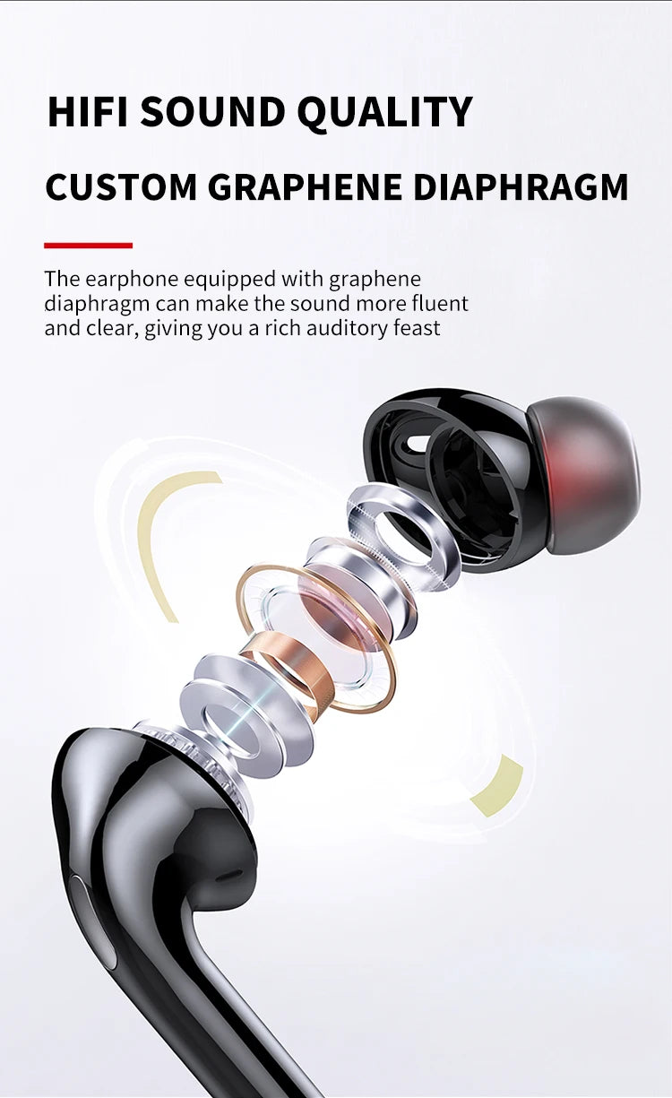 An exploded diagram showing the internal components of black wireless in-ear headphones with a graphene diaphragm.