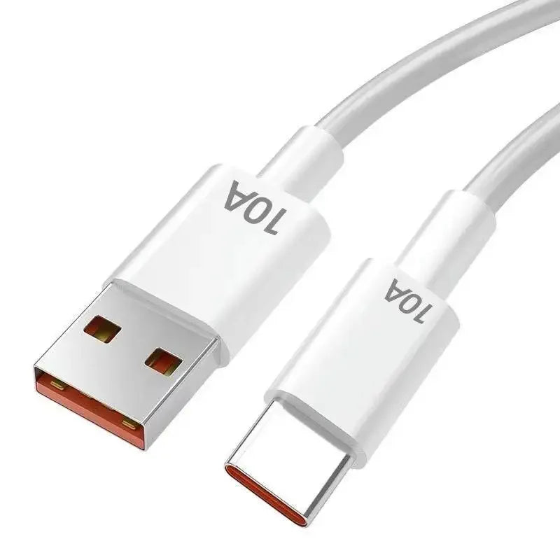 White USB-A to USB-C fast charging cable with 10A rating and orange accents on the connectors.