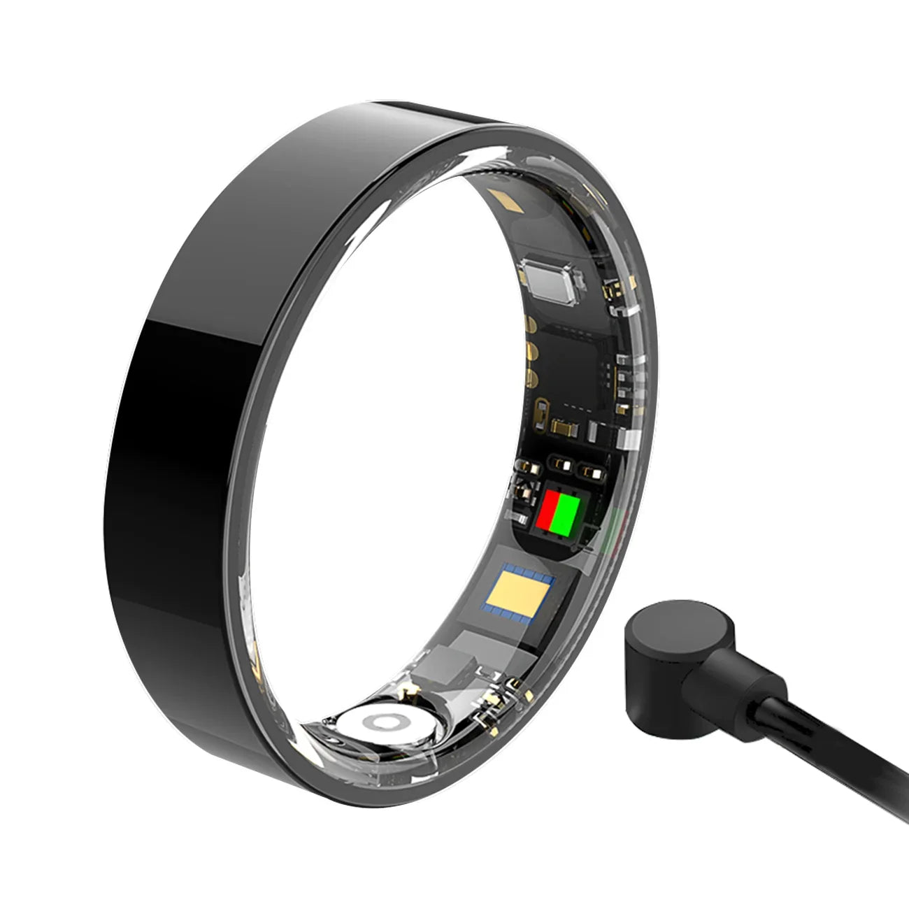 Glossy black smart fitness ring featuring internal health sensors and an external magnetic charging cable.