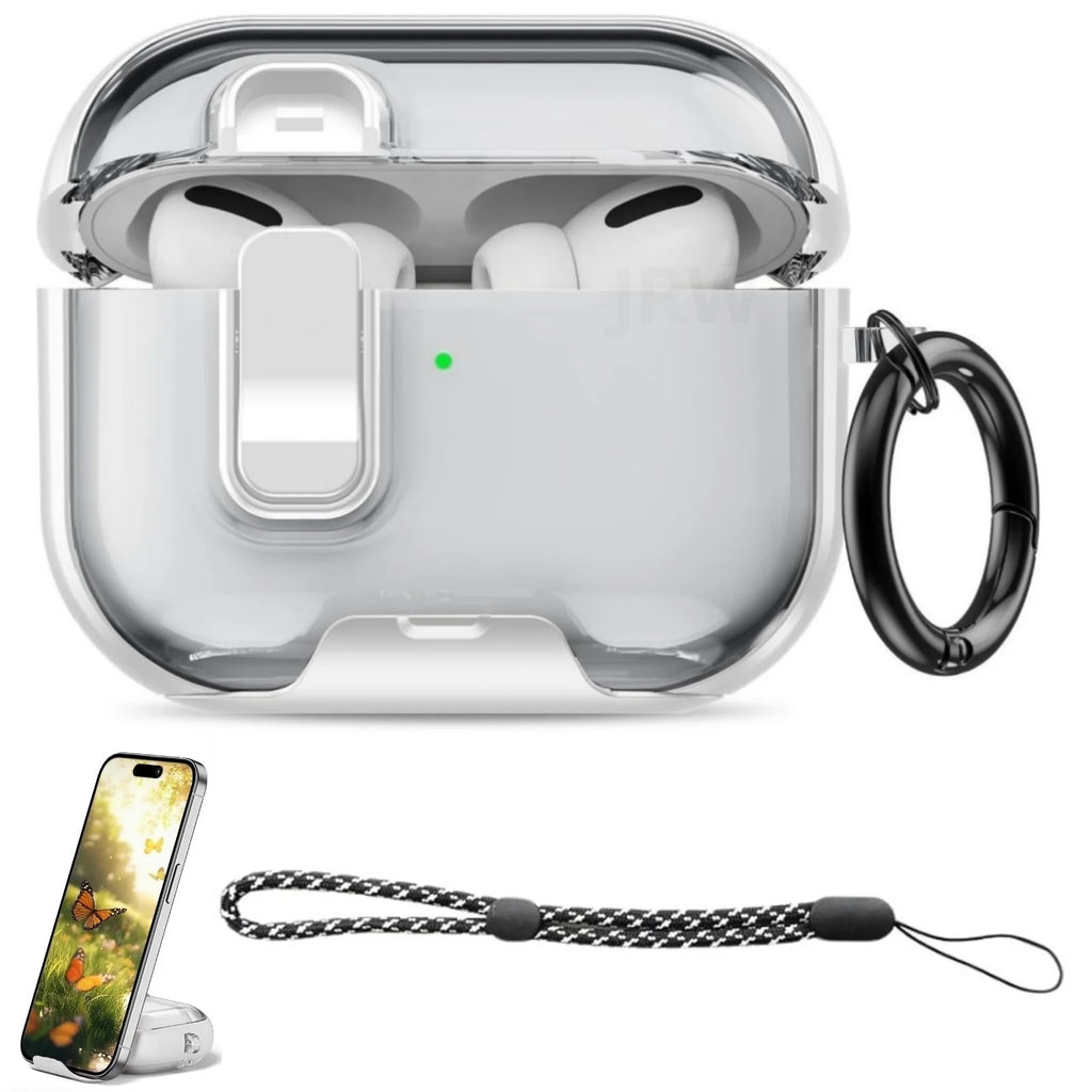 Clear protective case for AirPods Pro with black carabiner clip and matching wrist lanyard.