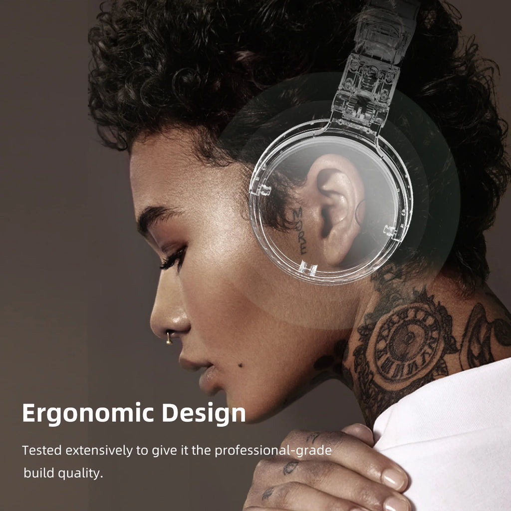 Person wearing sleek, transparent, over-ear studio headphones with ergonomic design for professional comfort.