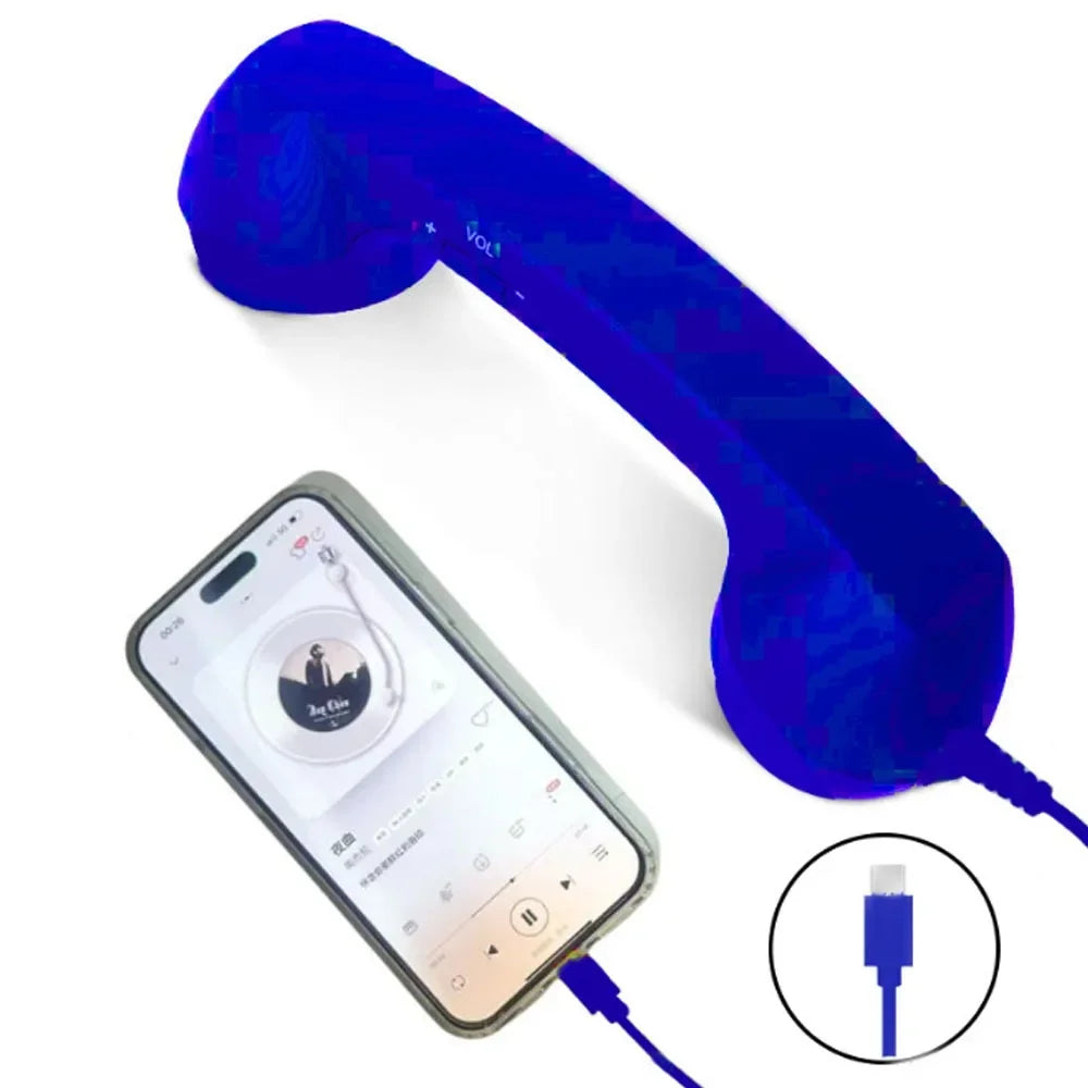 Blue retro-style telephone handset for smartphones with volume controls and a USB-C charging cable.