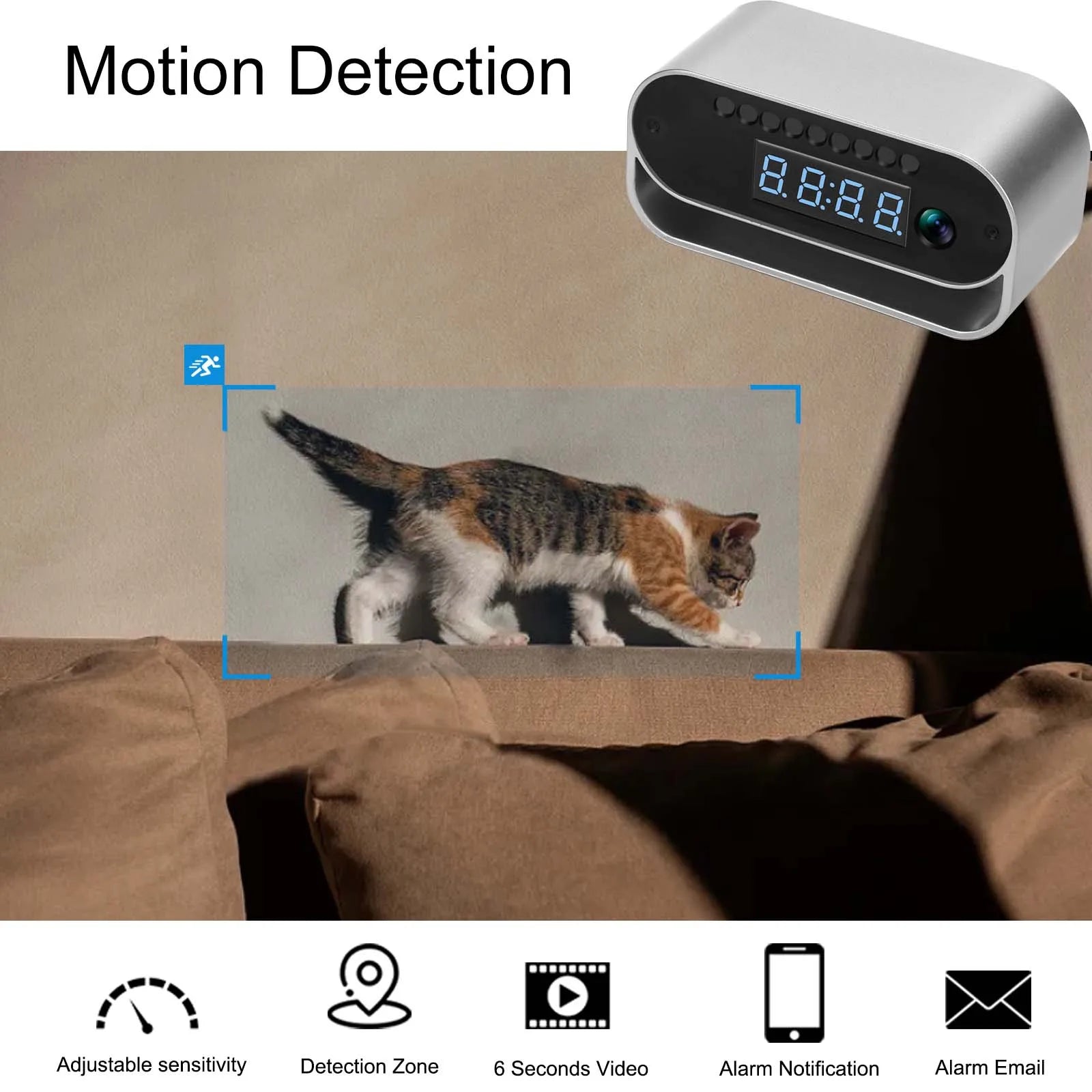 Silver metal digital clock with built-in hidden security camera for motion detection and smartphone alerts.