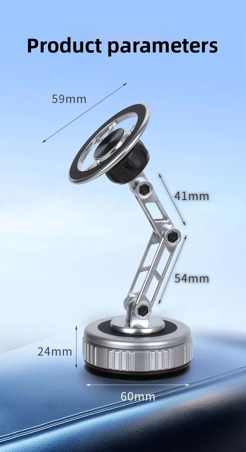 Silver adjustable phone mount with circular magnetic head, multi-jointed arm, and stable circular base, with dimensions.
