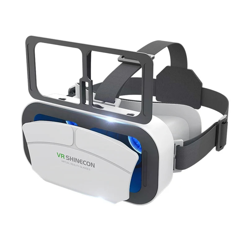 White and black smartphone VR headset with an adjustable head strap and open-front design for device insertion.