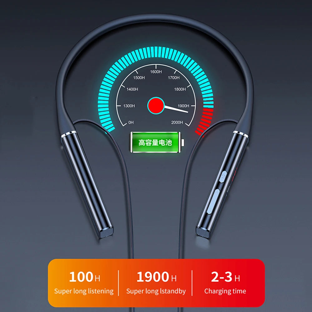 Sleek black wireless magnetic neckband headphones featuring long battery life and fast charging performance.