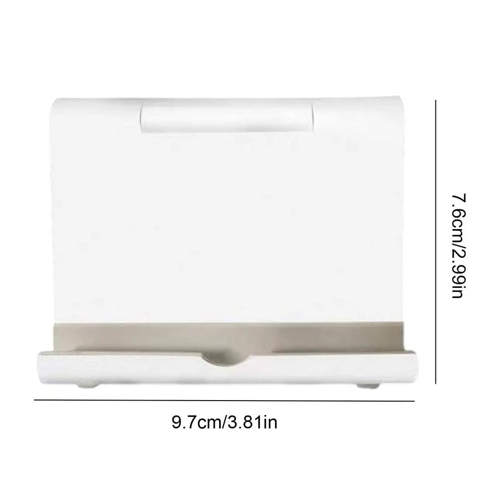 Minimalist white foldable desktop phone and tablet stand with a supportive groove, measuring 9.7cm by 7.6cm.