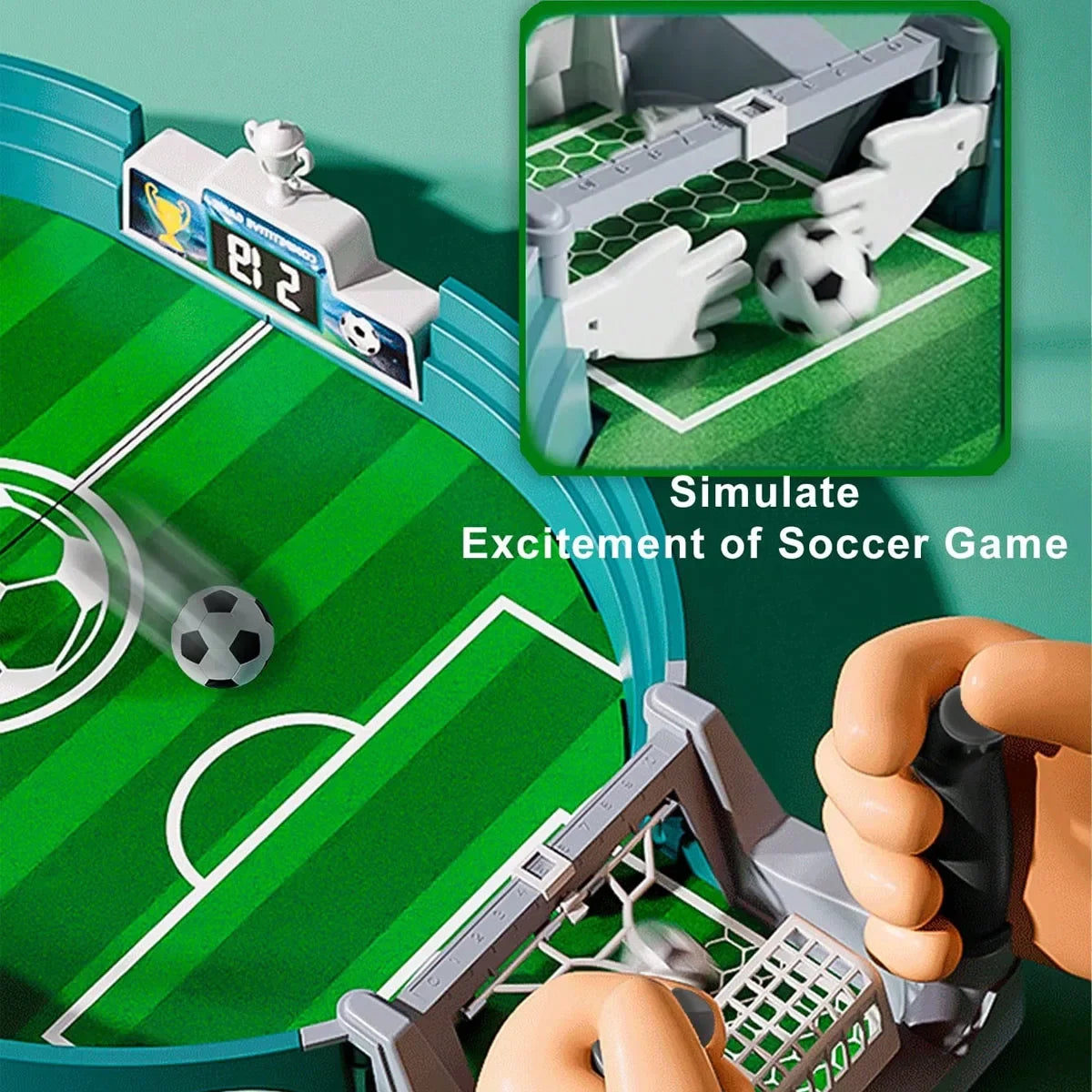 Tabletop football game with green pitch, goalie controls, and integrated digital scoreboard for interactive play.