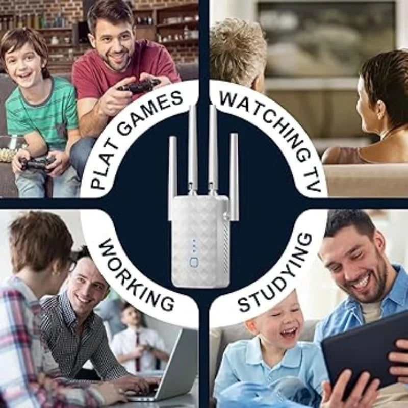 White 1200Mbps WiFi range extender with three antennas, shown in a home setting for gaming, TV, work, and study.
