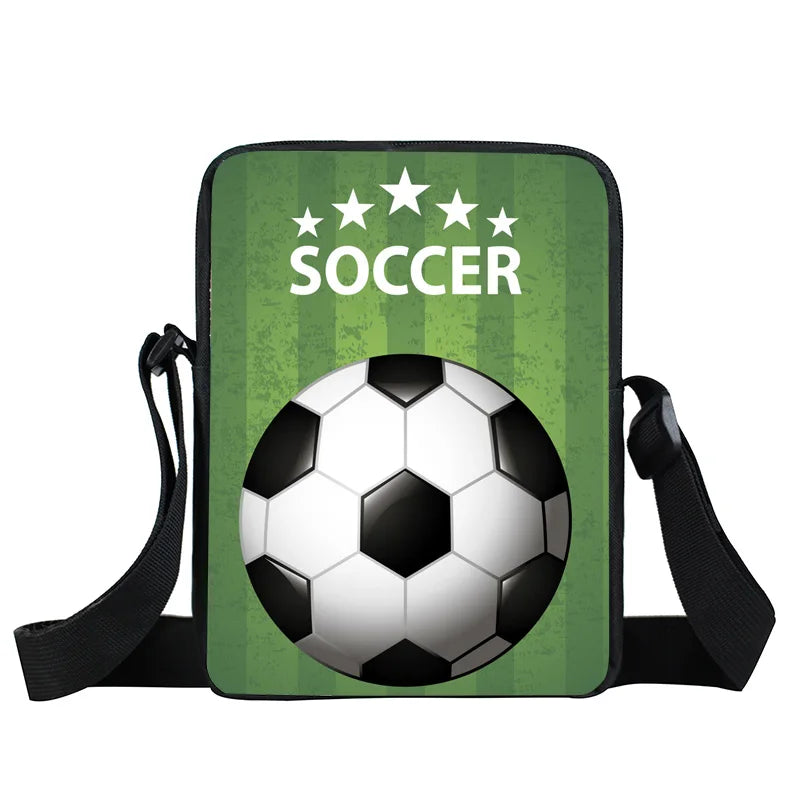 Green shoulder bag with a white and black soccer ball design, five stars, and the word SOCCER printed on the front.