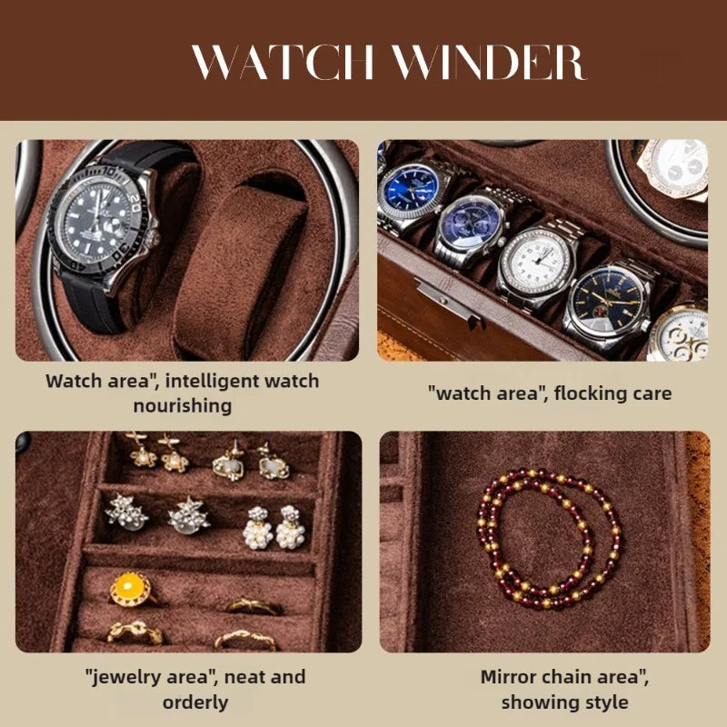 Brown leather watch winder box with slots for automatic watches, ring rolls, and a jewelry storage area.