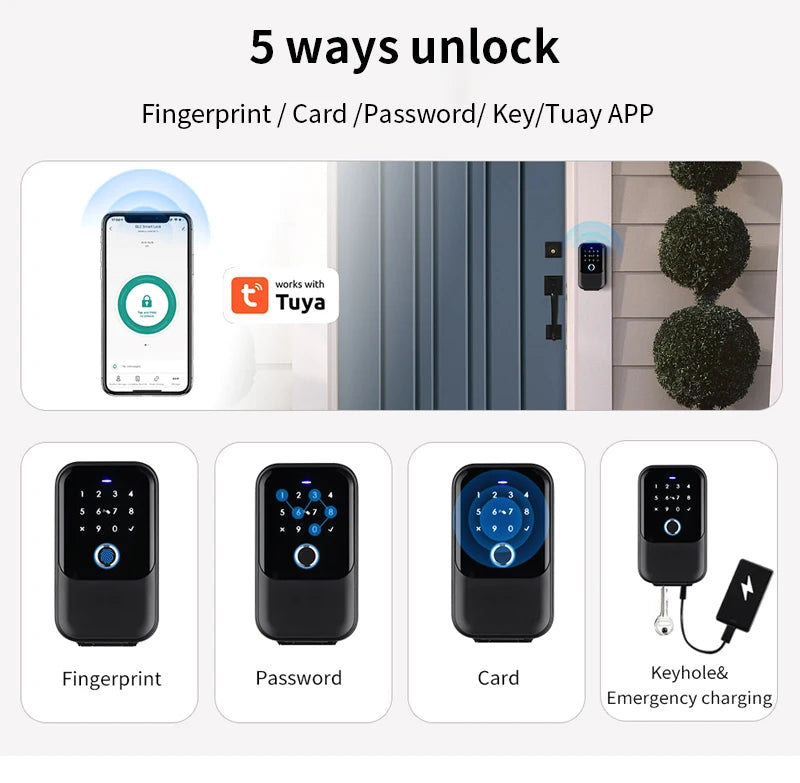 Black digital smart door lock with fingerprint, keypad, key, card, and app access, plus emergency charging port.