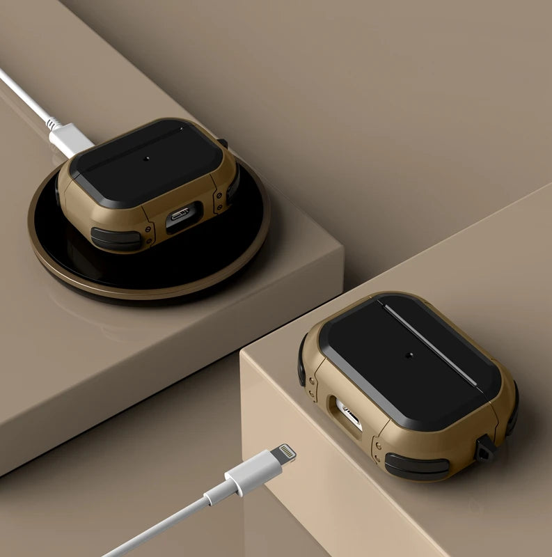 Rugged tan and black hard-shell case for AirPods Pro, shown with wireless charging and cable.